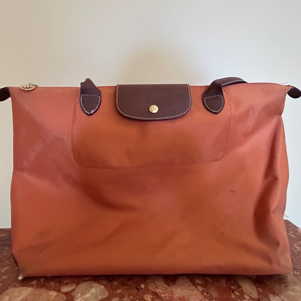 Longchamp Rust Orange Nylon Tote with Dark Brown Leather Trim
